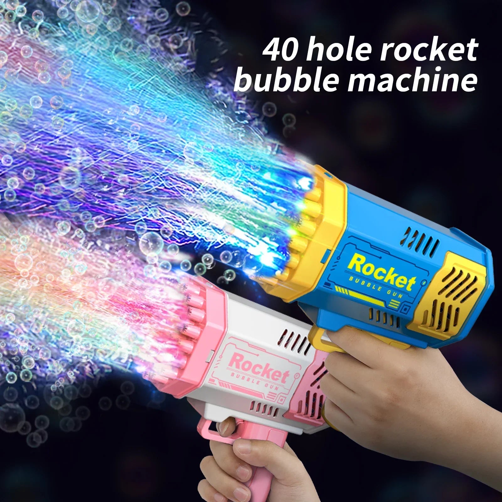 A colorful handheld bubble gun with 40 holes, producing a stream of bubbles, perfect for summer fun at the beach or pool.