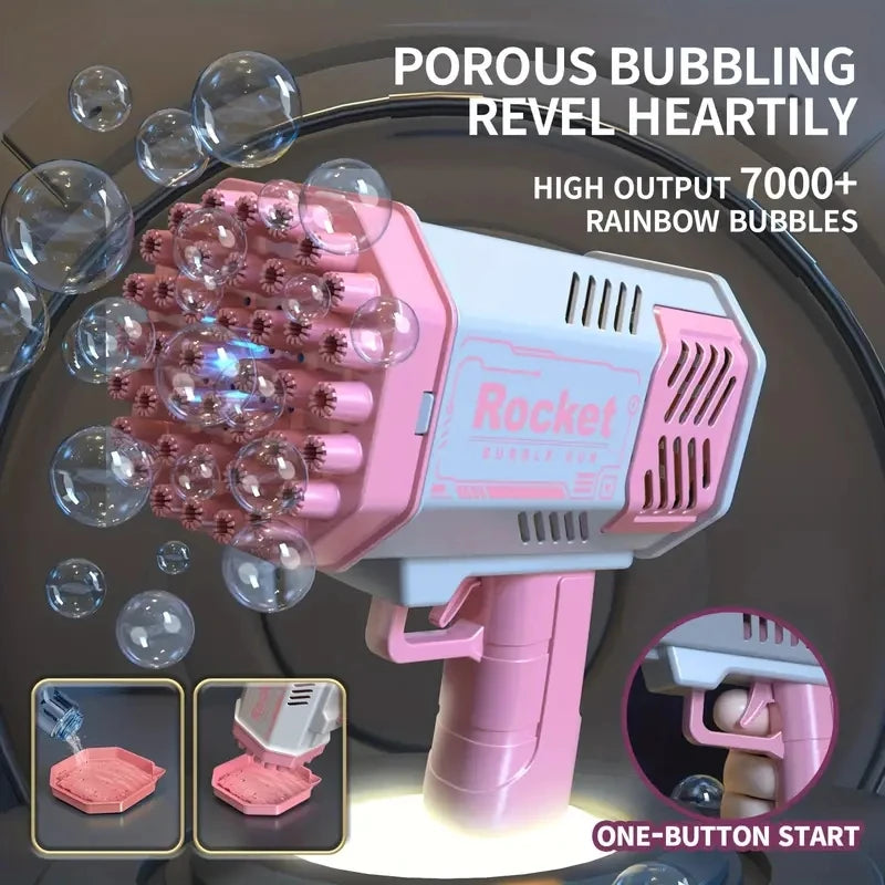 A colorful handheld bubble gun with 40 holes, producing a stream of bubbles, perfect for summer fun at the beach or pool.