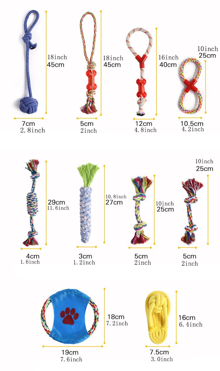 A colorful assortment of 10 braided cotton rope dog chew toys, showcasing various shapes and sizes, perfect for playful pups.