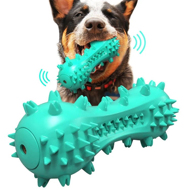 Three colorful squeaky toothbrush dog toys with cotton rope ball, designed for dental hygiene and play.
