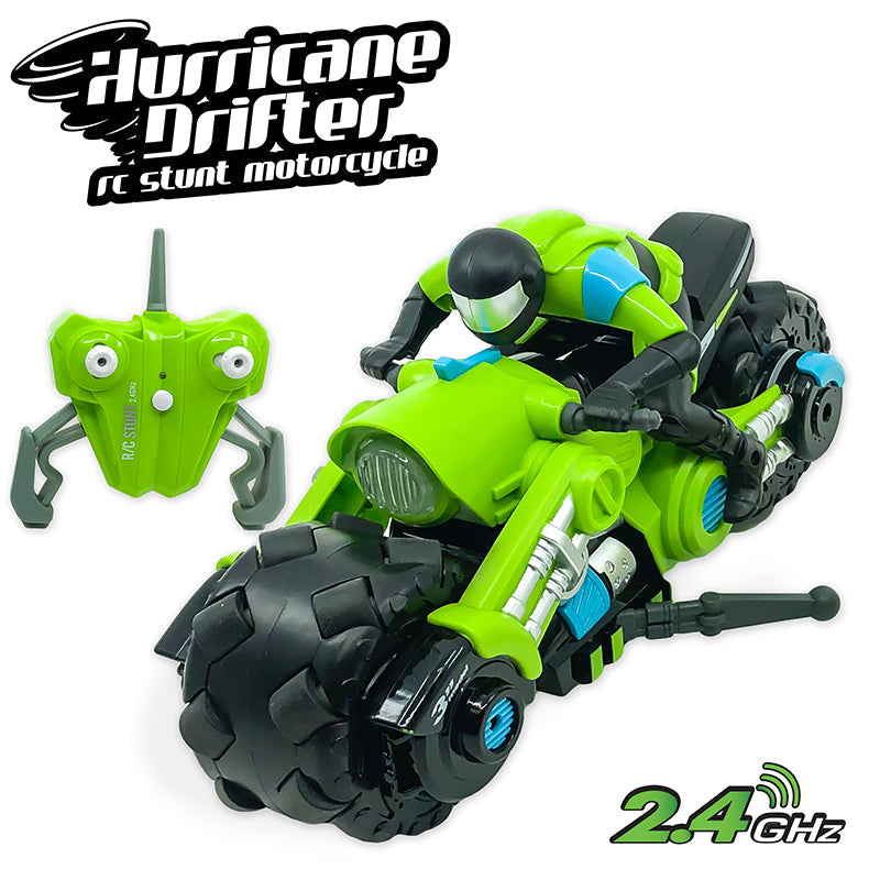 Hurricane Drifter RC Motorcycle in vibrant lime green with LED lights, showcasing its sleek design and large wheels for stunts.