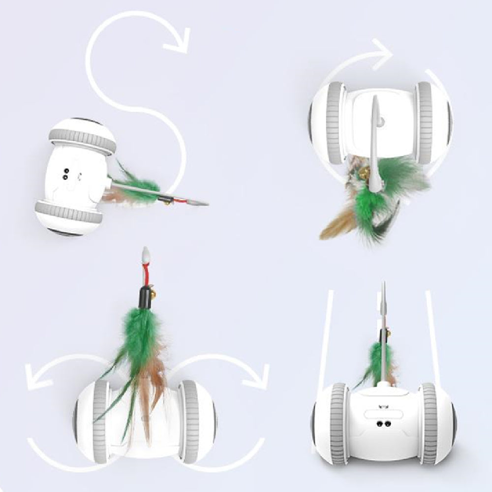 Interactive cat toy featuring interchangeable feather toys in white and grey, designed for indoor cats to engage in playful activities.