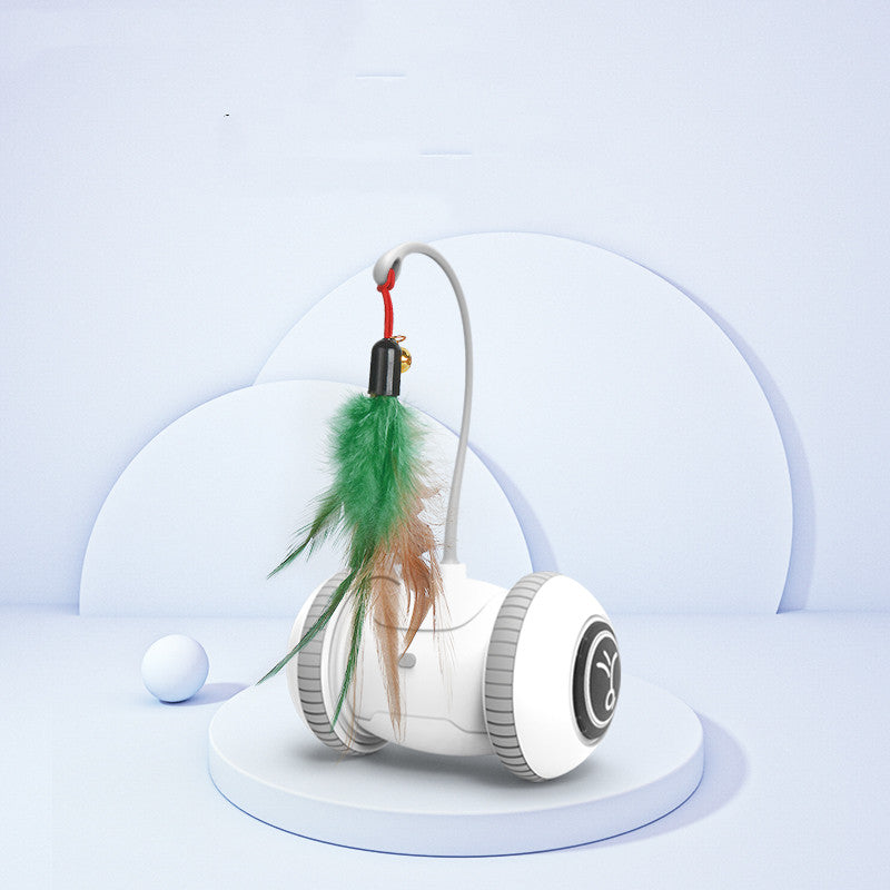 Interactive cat toy featuring interchangeable feather toys in white and grey, designed for indoor cats to engage in playful activities.