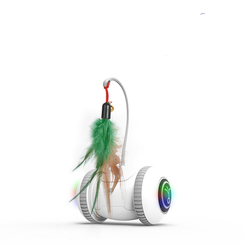 Interactive cat toy featuring interchangeable feather toys in white and grey, designed for indoor cats to engage in playful activities.