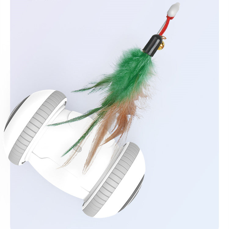 Interactive cat toy featuring interchangeable feather toys in white and grey, designed for indoor cats to engage in playful activities.