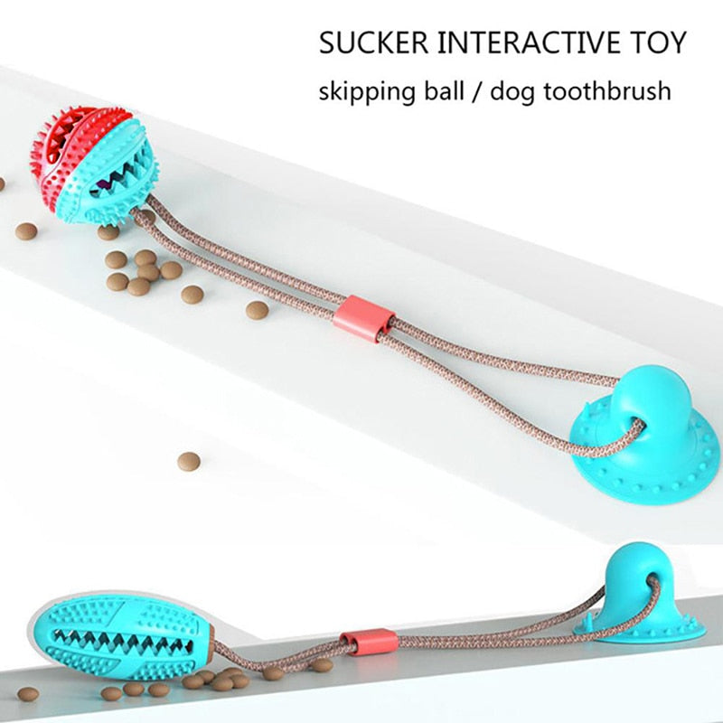 Multifunction Pet Molar Bite Toy in vibrant colors, designed for interactive play and dental care, featuring suction cups and treat dispensing capabilities.