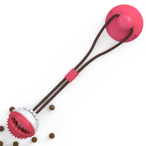 Multifunction Pet Molar Bite Toy in vibrant colors, designed for interactive play and dental care, featuring suction cups and treat dispensing capabilities.