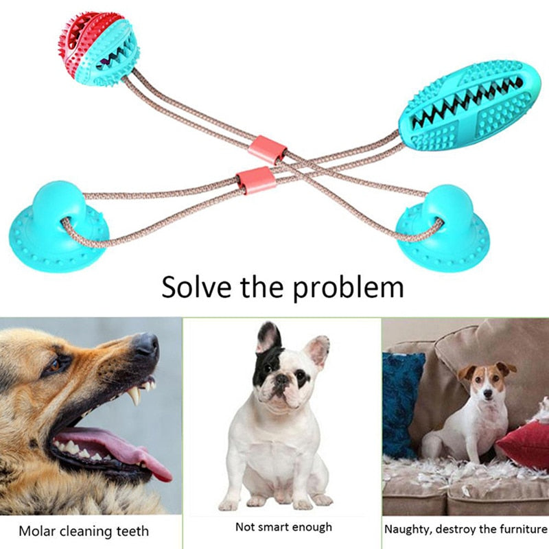 Multifunction Pet Molar Bite Toy in vibrant colors, designed for interactive play and dental care, featuring suction cups and treat dispensing capabilities.
