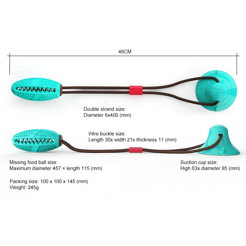 Multifunction Pet Molar Bite Toy in vibrant colors, designed for interactive play and dental care, featuring suction cups and treat dispensing capabilities.