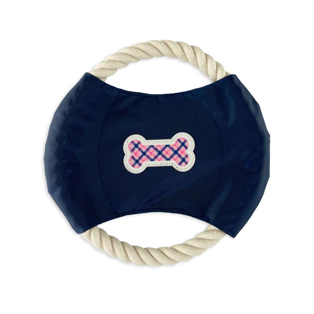 Preppy Plaid Dog Rope Disc Toy featuring a vibrant plaid design and durable nylon center, perfect for fetch and tug-of-war games.