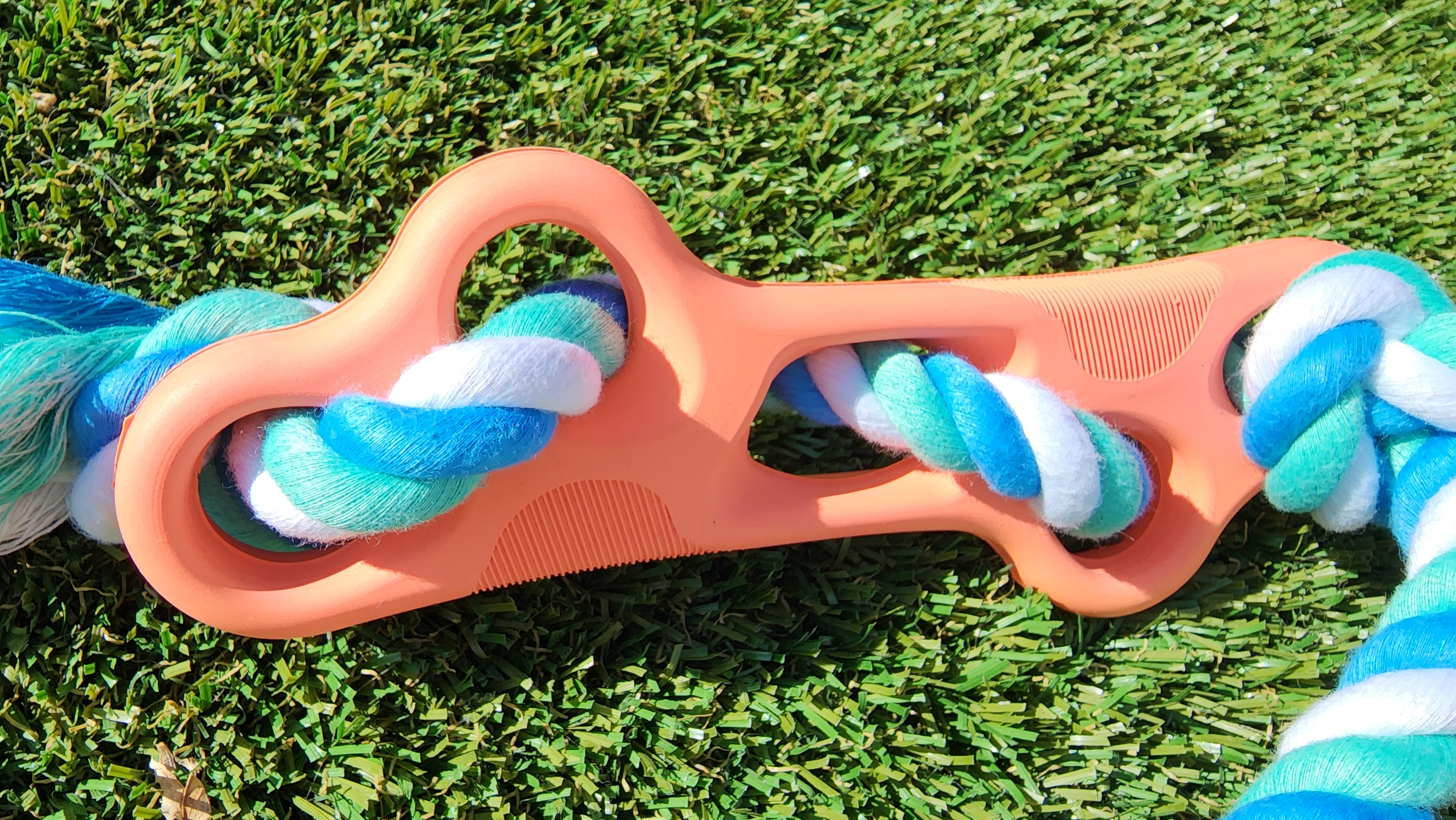 Colorful dog toy on grass.