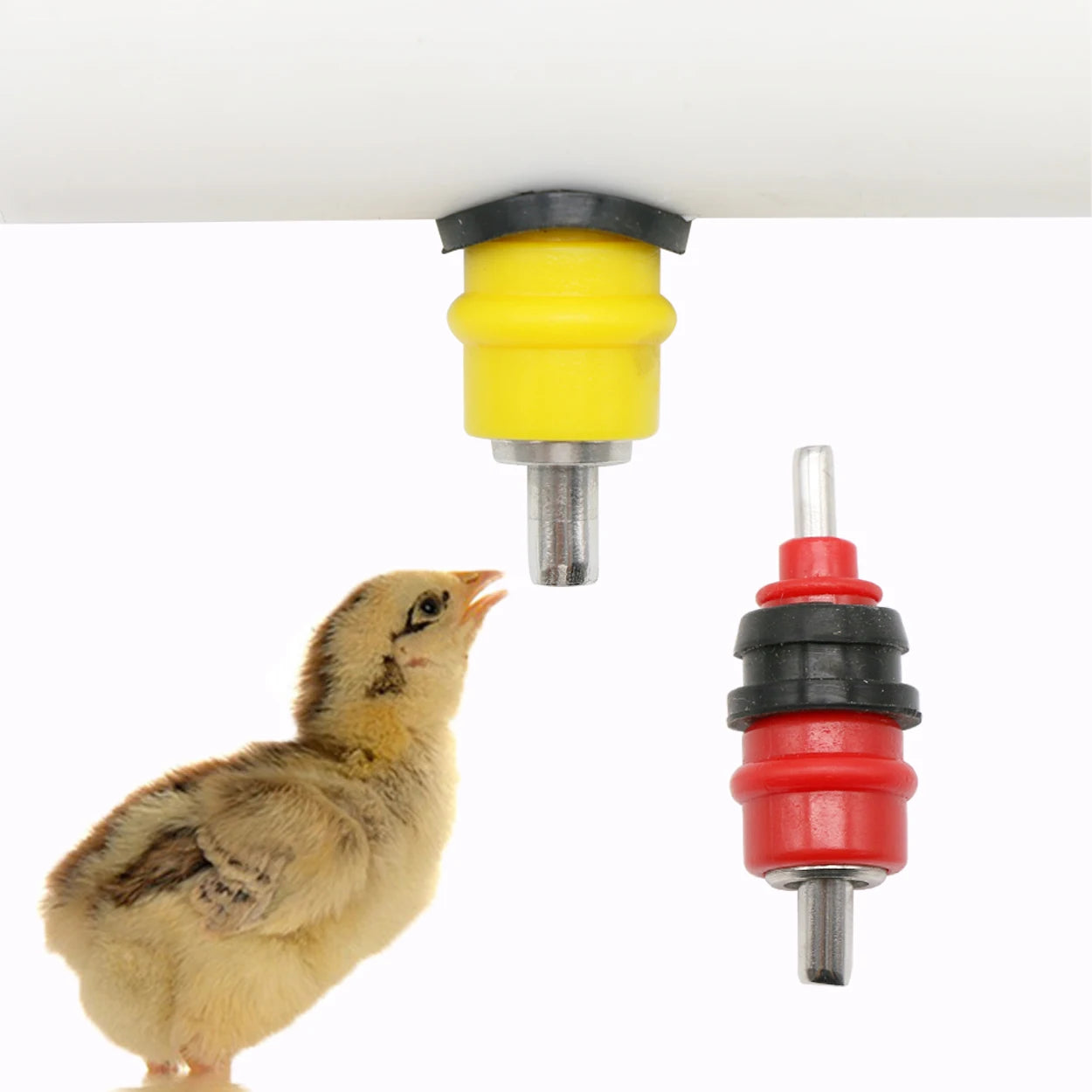 A set of 10 chicken waterer nipple drinkers made from stainless steel and plastic, designed for poultry hydration.
