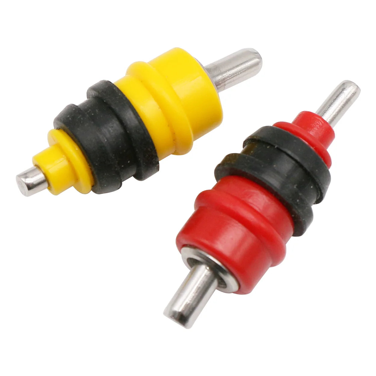 A set of 10 chicken waterer nipple drinkers made from stainless steel and plastic, designed for poultry hydration.