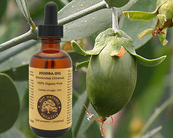 Bottle of 100% Pure Organic Virgin Jojoba Oil with a golden hue, showcasing its natural and unrefined quality.