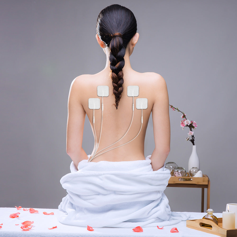 A pack of 20 self-adhesive electrode pads for digital therapy machines, featuring a standard size of 4x4cm and a 2mm plug for compatibility.