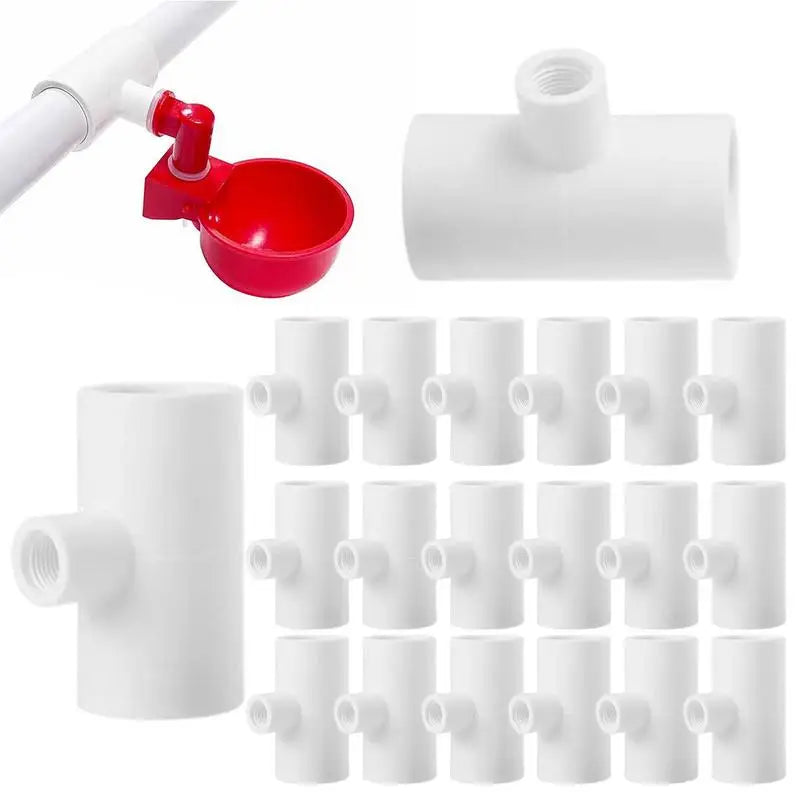 20 pieces of automatic chicken quail drinker bowl PVC tee fittings, designed for efficient poultry hydration.