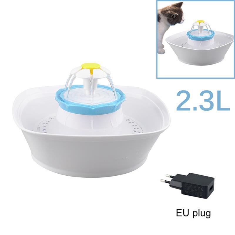 2.3L Automatic Cat Water Fountain with a sleek design, featuring a stainless steel lid and a transparent water reservoir for easy monitoring.