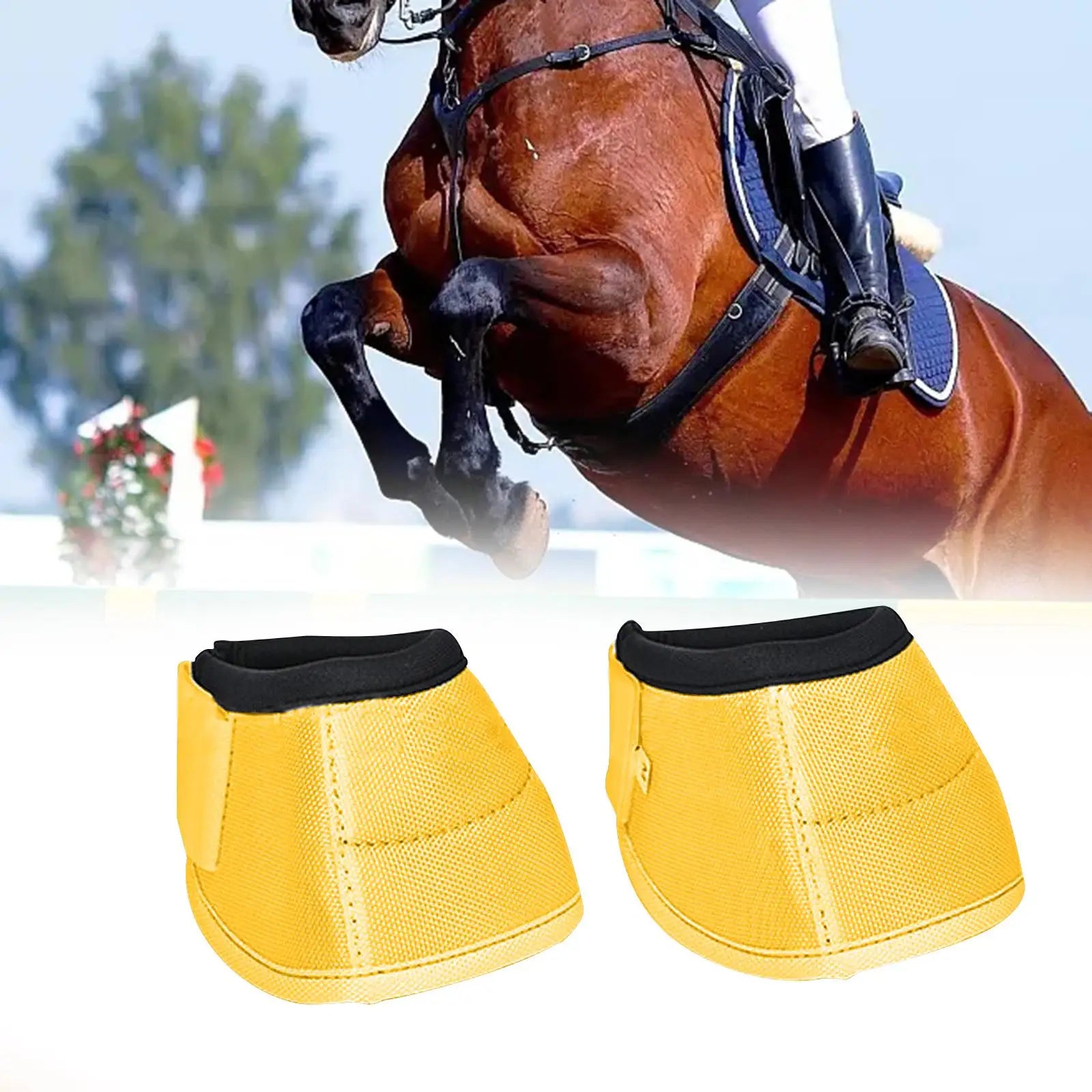 2Pcs Horse Bell Boots designed for hoof protection, featuring a lightweight and durable construction with a loop closure for easy wear.