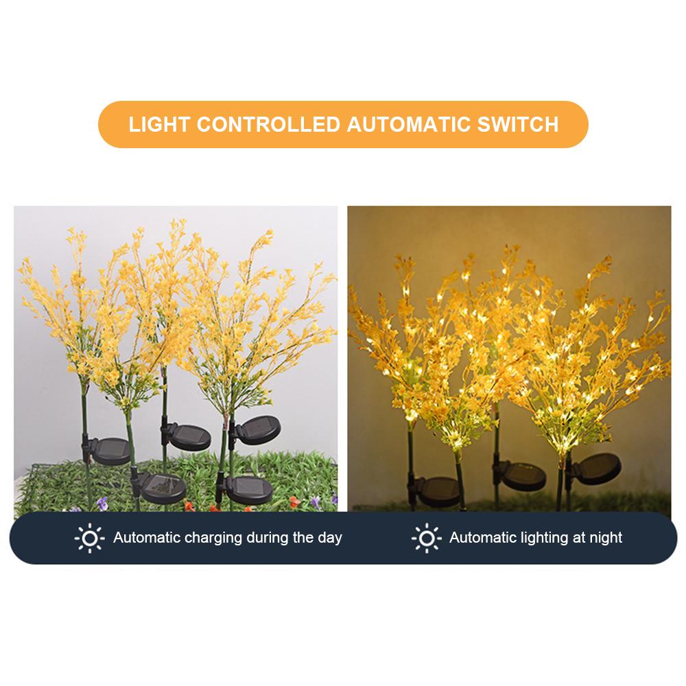 Two solar-powered canola flower shape lights glowing in a garden at night, showcasing their vibrant yellow color and realistic flower design.