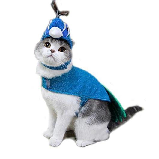 A vibrant 2-piece peacock costume for pets featuring a colorful headpiece and soft fleece body piece, designed for comfort and style.