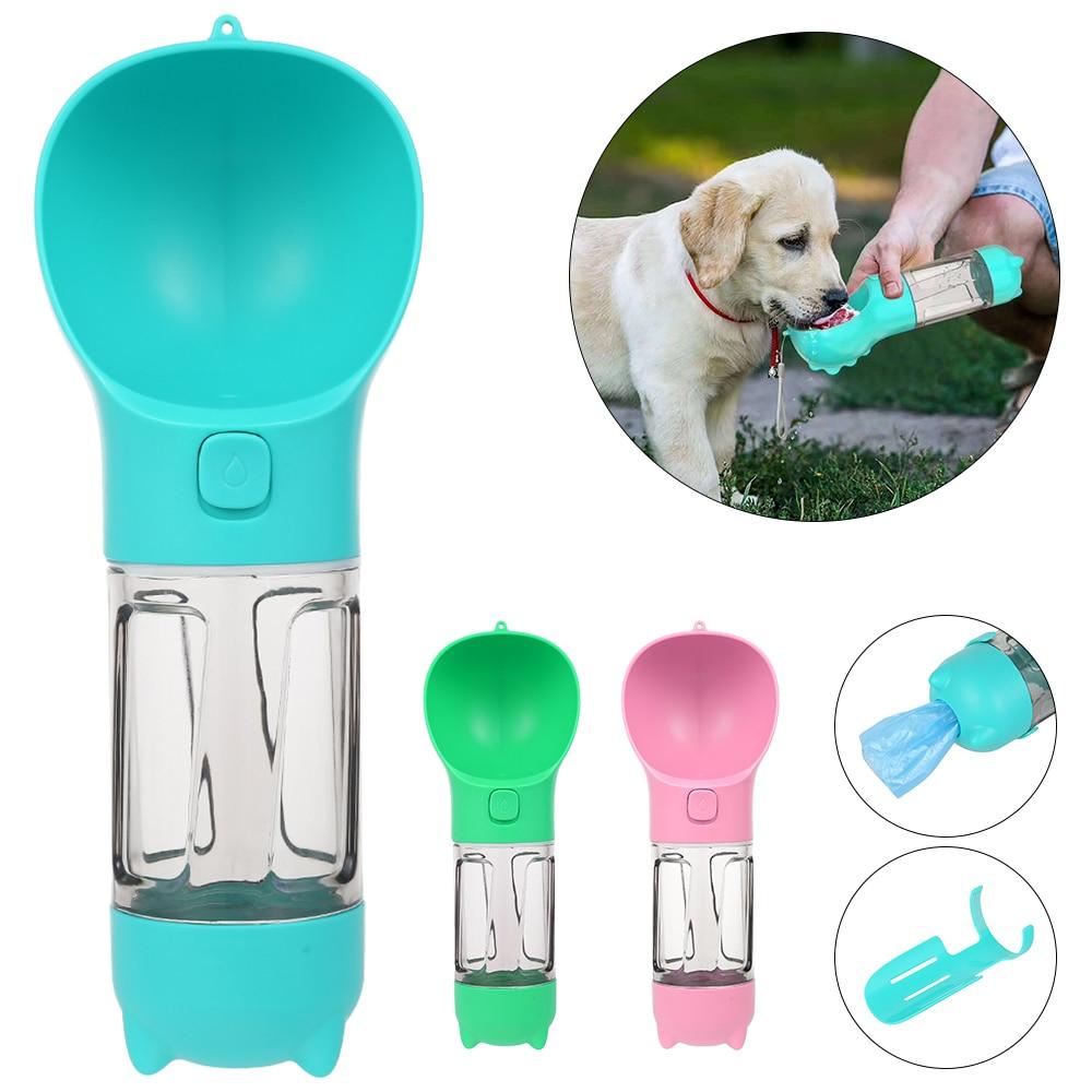 300ML Portable Pet Water Bottle in blue, green, and pink with poop shovel and garbage bags for outdoor pet hydration.