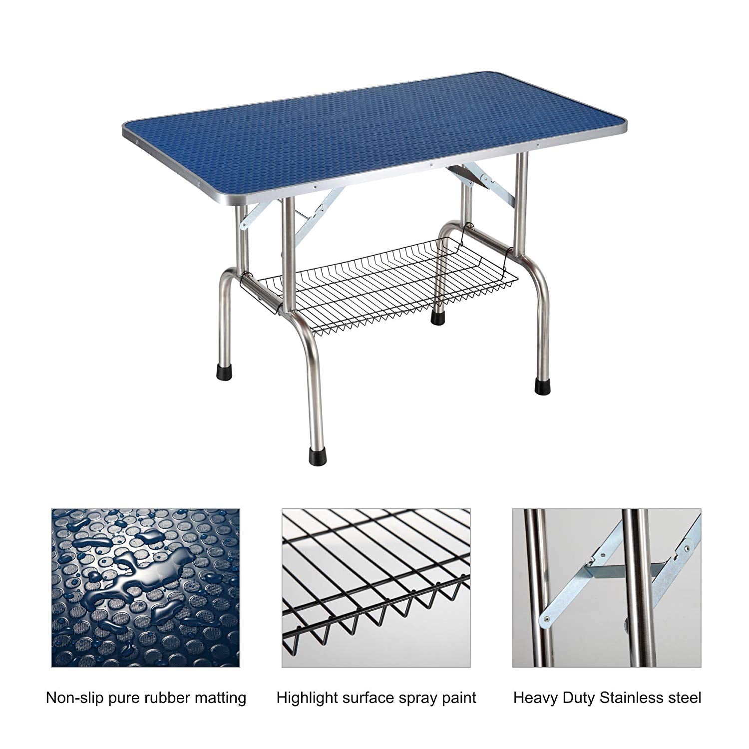 36-inch folding dog grooming table with stainless steel legs and rubber surface, designed for pet safety and convenience.