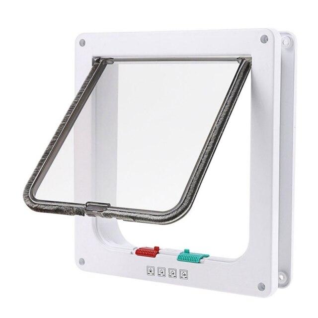 4 Way Lockable Cat Flap Door designed for small pets, featuring a durable plastic frame and a secure locking mechanism.