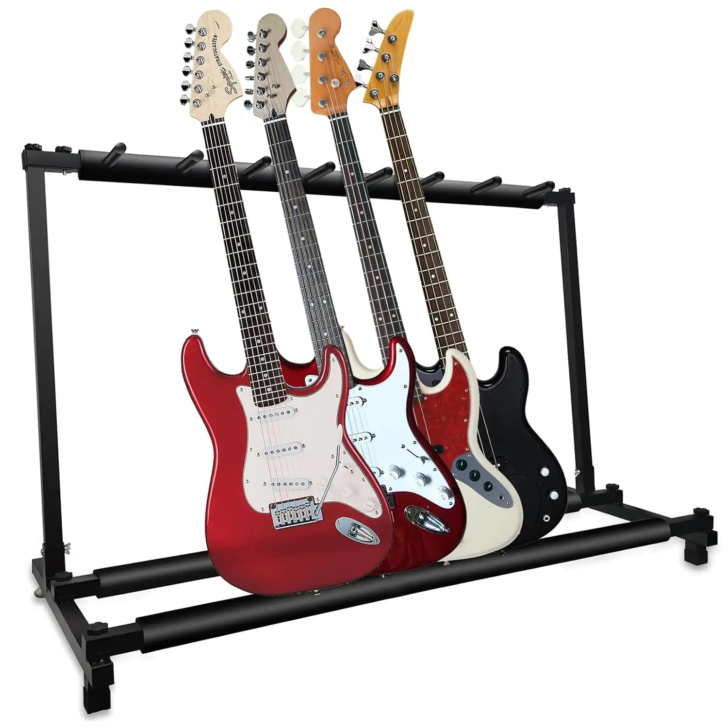 5 Core Multi Guitar Rack Stand holding multiple guitars, showcasing its adjustable slots and sturdy design.