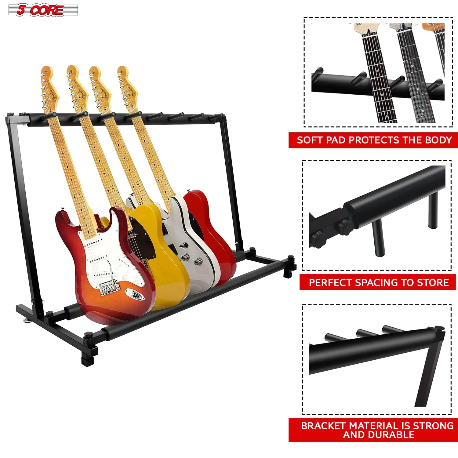 5 Core Multi Guitar Rack Stand holding multiple guitars, showcasing its adjustable slots and sturdy design.