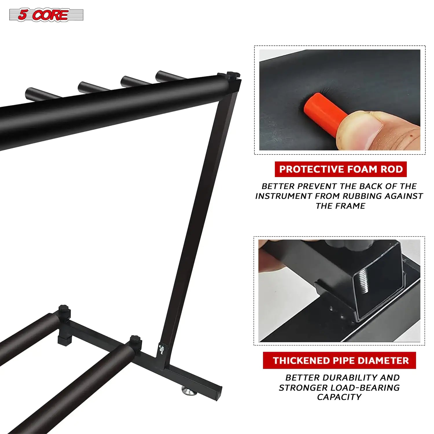 5 Core Multi Guitar Rack Stand holding multiple guitars, showcasing its adjustable slots and sturdy design.