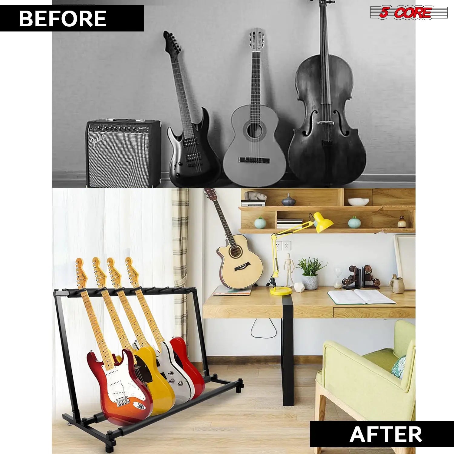 5 Core Multi Guitar Rack Stand holding multiple guitars, showcasing its adjustable slots and sturdy design.