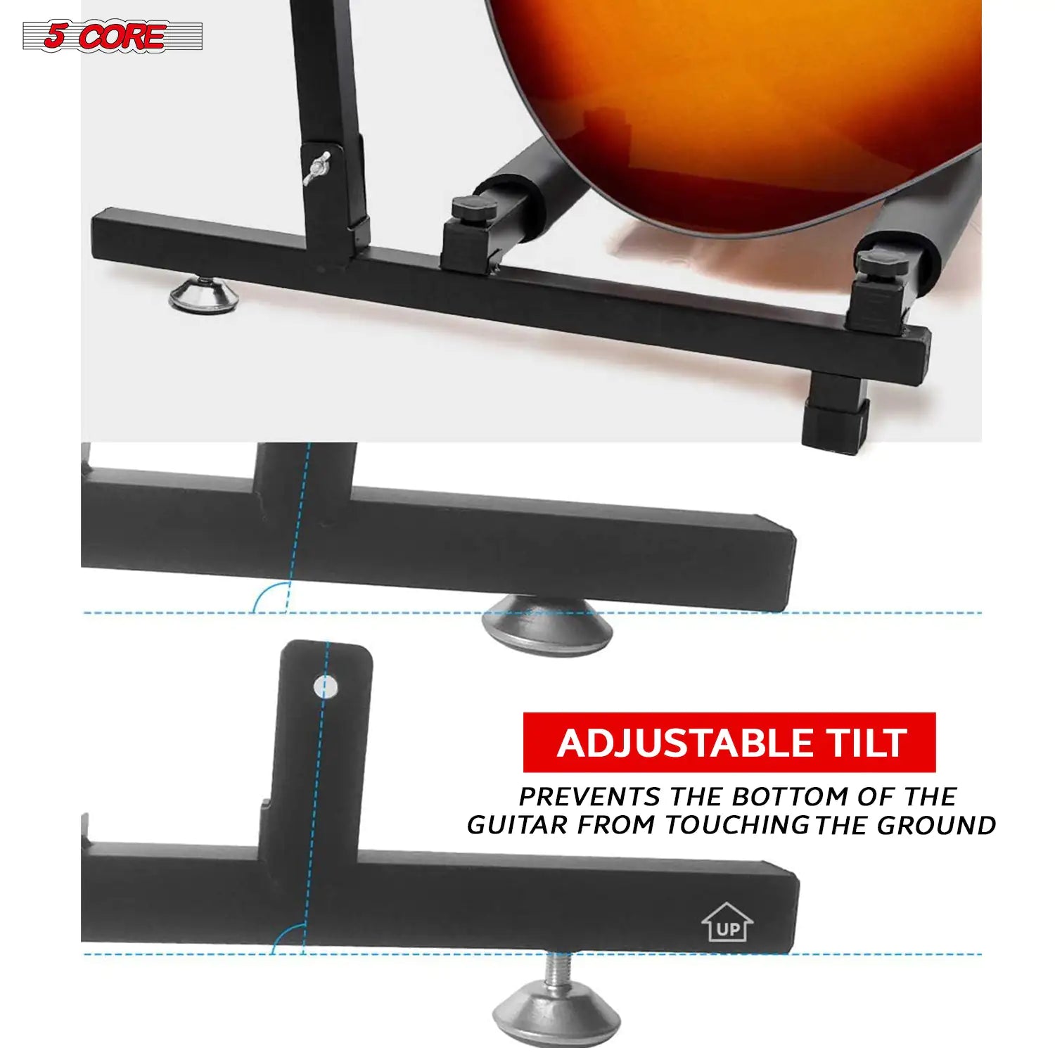 5 Core Multi Guitar Rack Stand holding multiple guitars, showcasing its adjustable slots and sturdy design.
