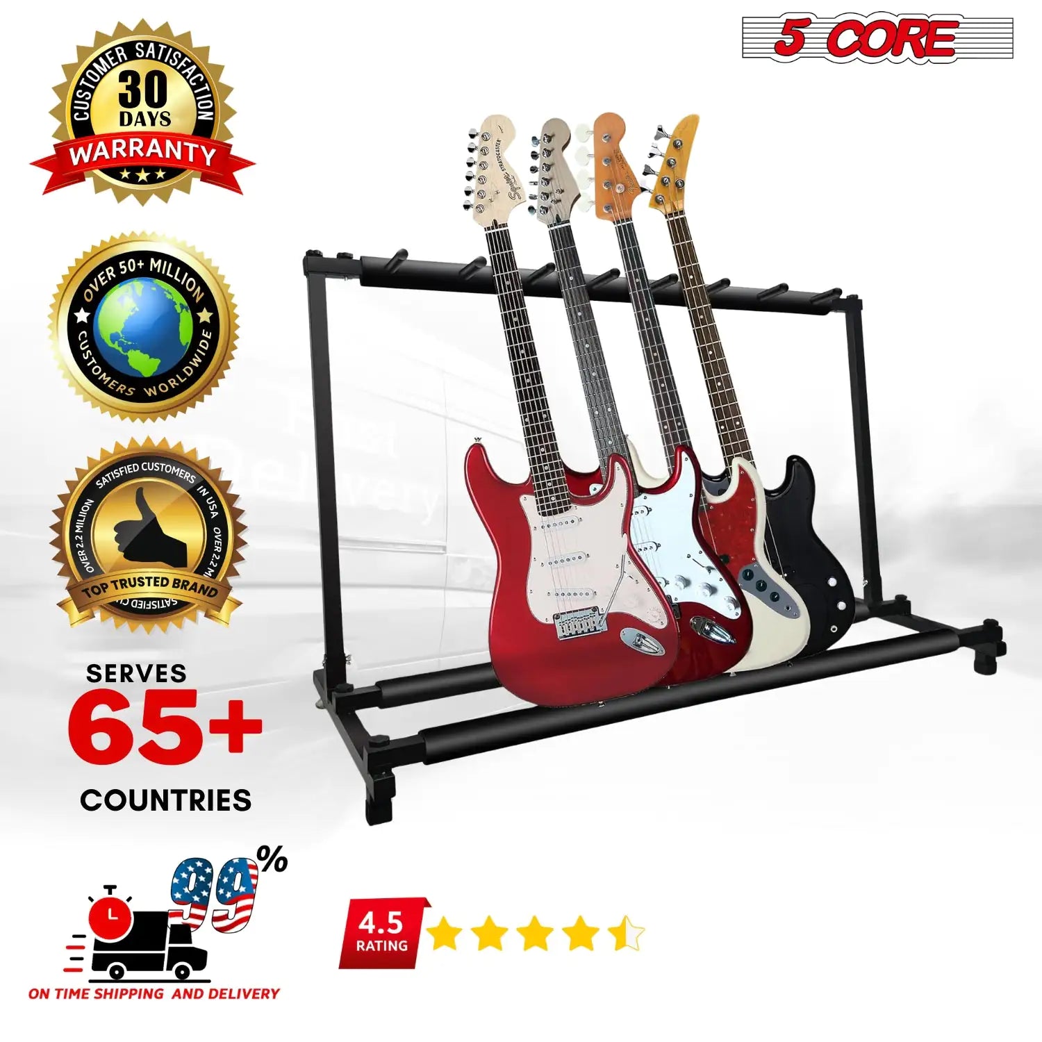 5 Core Multi Guitar Rack Stand holding multiple guitars, showcasing its adjustable slots and sturdy design.