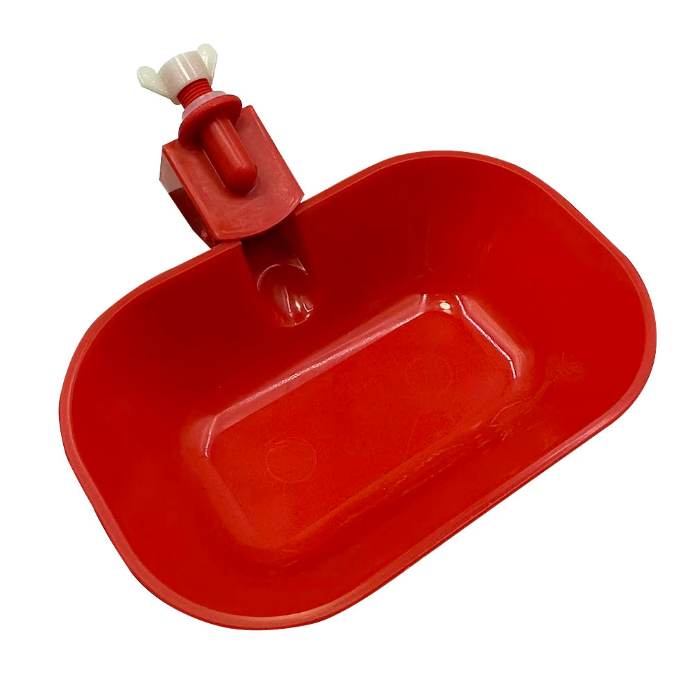 Five red automatic water dispensers for chickens, ducks, and geese, made of durable plastic, designed for easy feeding and hydration.