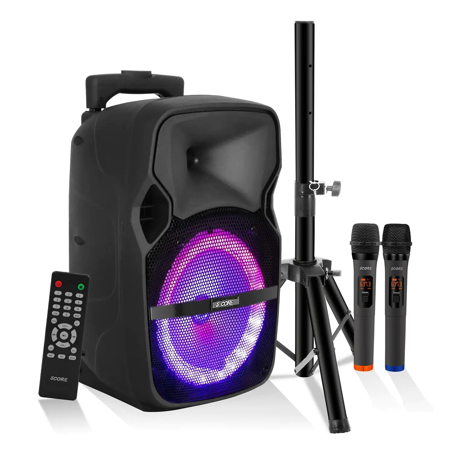 5Core portable karaoke machine featuring an 8-inch speaker, wireless microphone, and Bluetooth connectivity for parties and events.