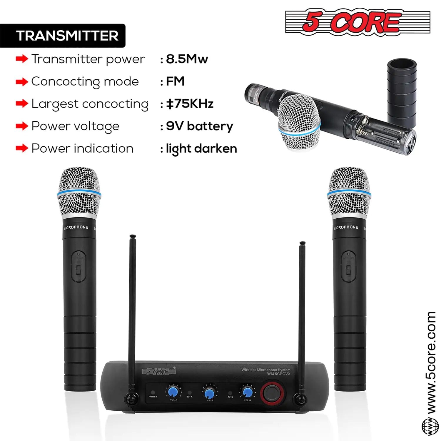 5Core Professional Wireless Microphone with VHF technology, showcasing its sleek design and features.