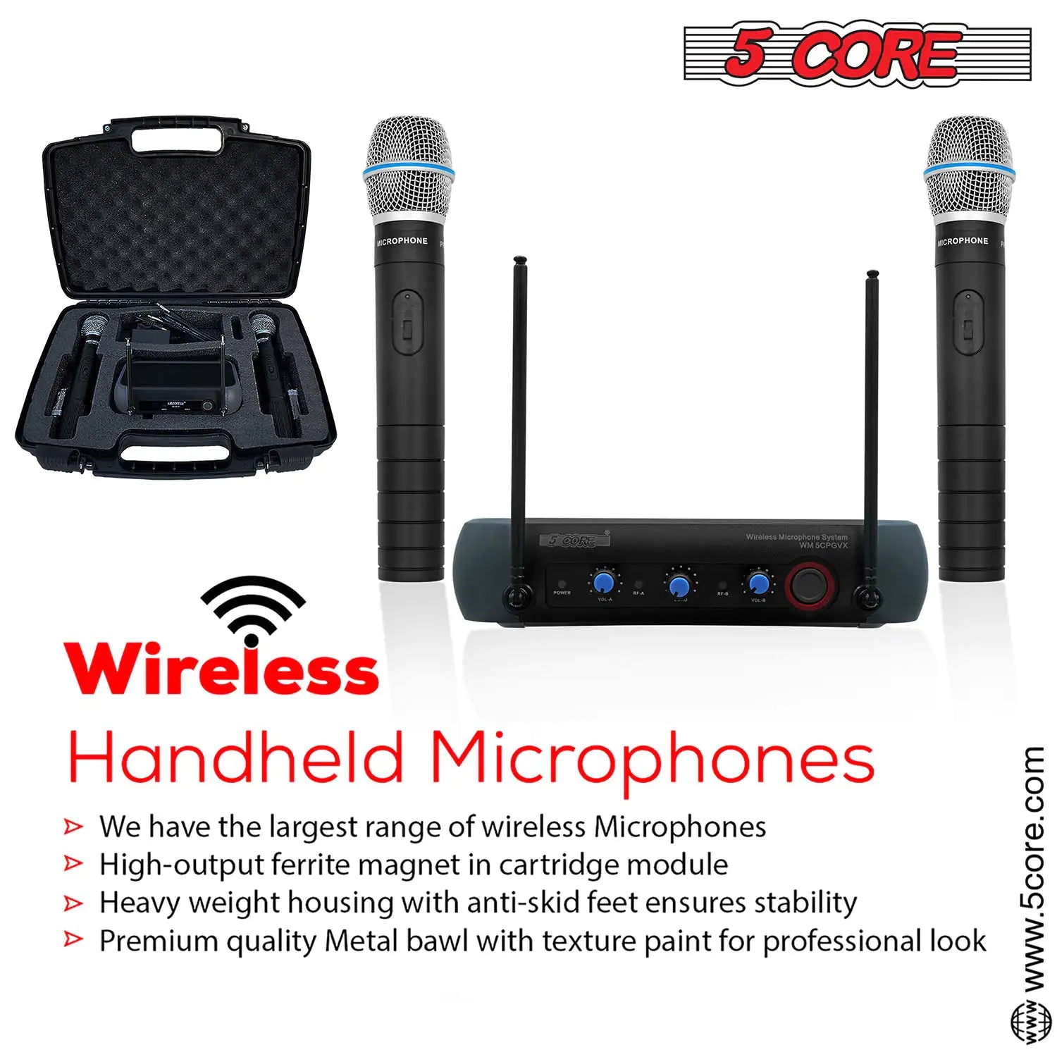 5Core Professional Wireless Microphone with VHF technology, showcasing its sleek design and features.