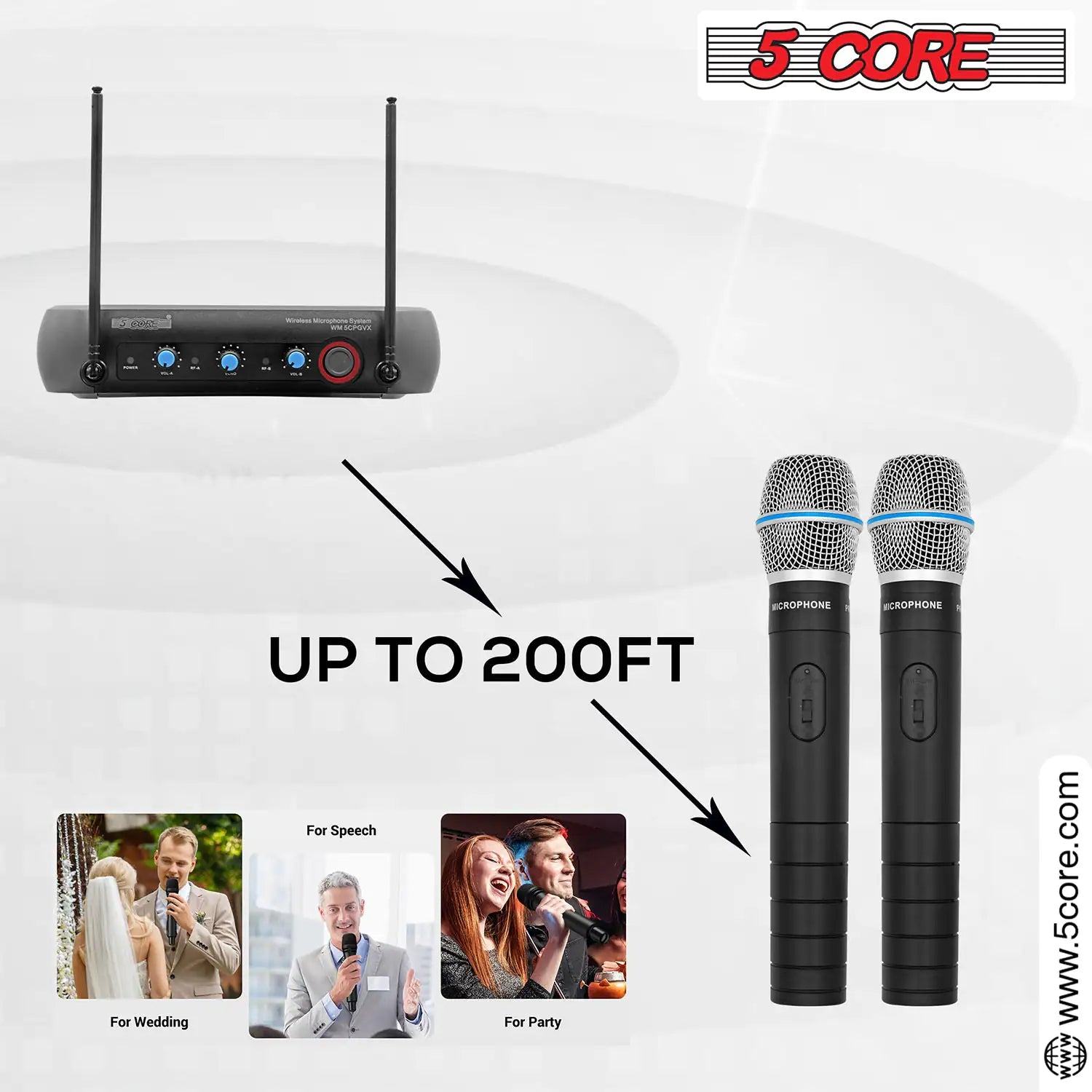 5Core Professional Wireless Microphone with VHF technology, showcasing its sleek design and features.