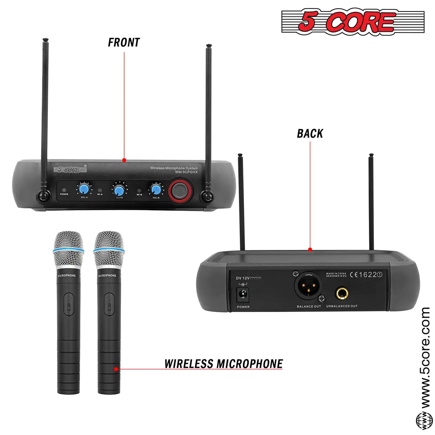 5Core Professional Wireless Microphone with VHF technology, showcasing its sleek design and features.