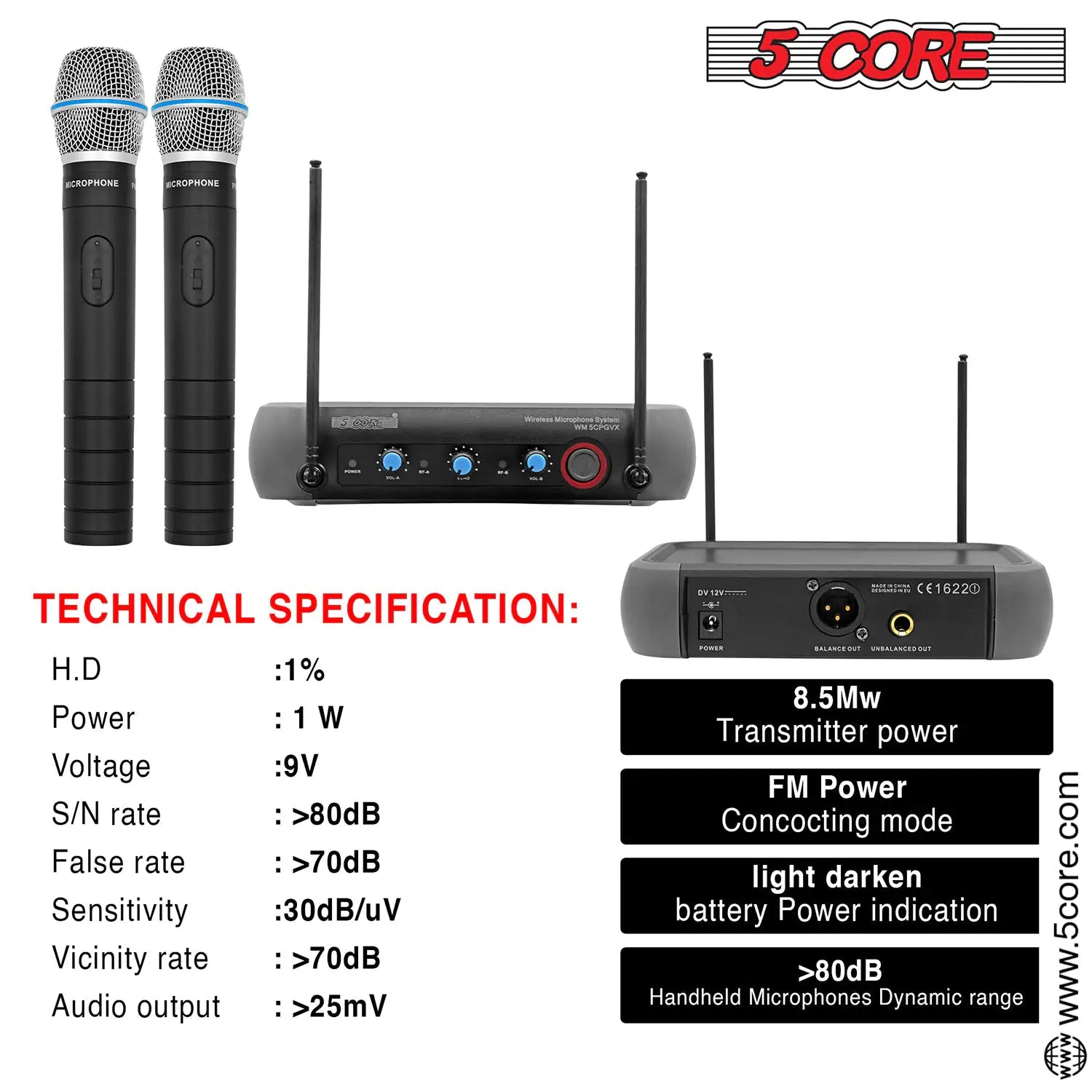 5Core Professional Wireless Microphone with VHF technology, showcasing its sleek design and features.