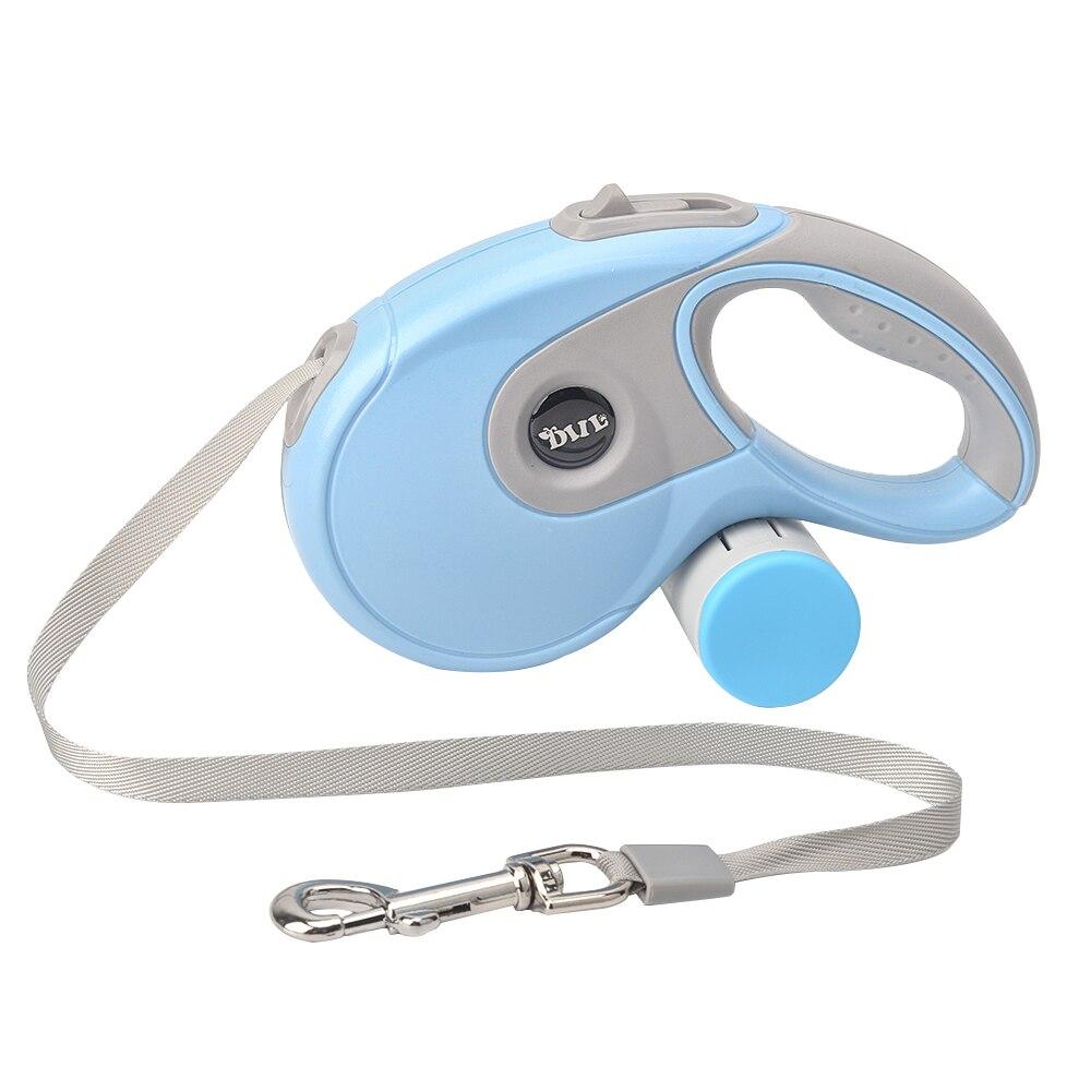 5M Retractable Dog Leash with built-in poop bag dispenser, suitable for all dog sizes, available in four colors.