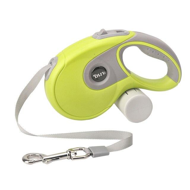 5M Retractable Dog Leash with built-in poop bag dispenser, suitable for all dog sizes, available in four colors.
