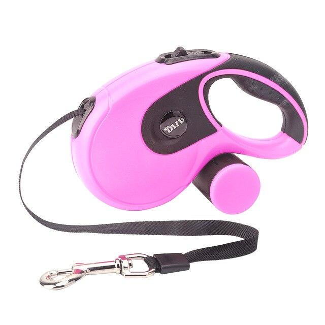 5M Retractable Dog Leash with built-in poop bag dispenser, suitable for all dog sizes, available in four colors.