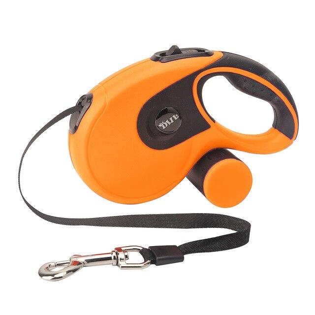 5M Retractable Dog Leash with built-in poop bag dispenser, suitable for all dog sizes, available in four colors.