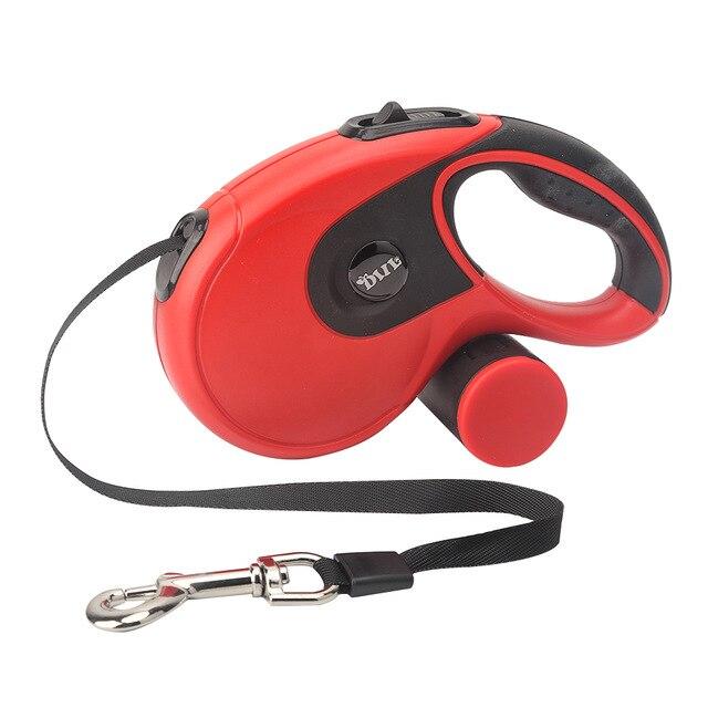 5M Retractable Dog Leash with built-in poop bag dispenser, suitable for all dog sizes, available in four colors.
