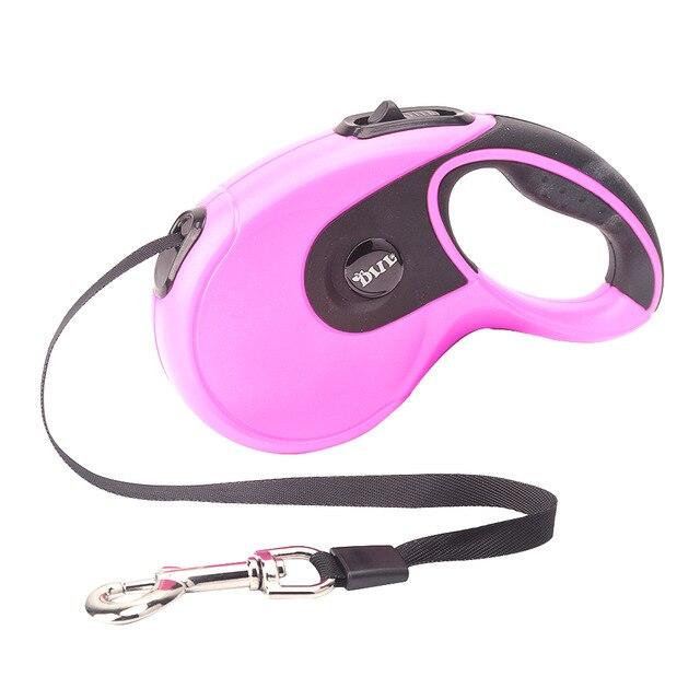 5M Retractable Dog Leash with built-in poop bag dispenser, suitable for all dog sizes, available in four colors.