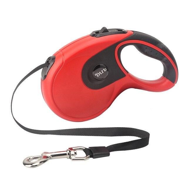 5M Retractable Dog Leash with built-in poop bag dispenser, suitable for all dog sizes, available in four colors.