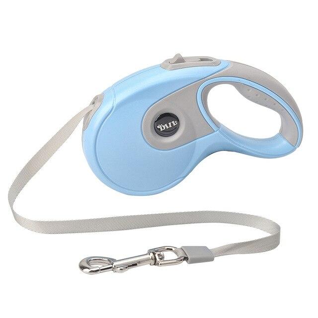 5M Retractable Dog Leash with built-in poop bag dispenser, suitable for all dog sizes, available in four colors.