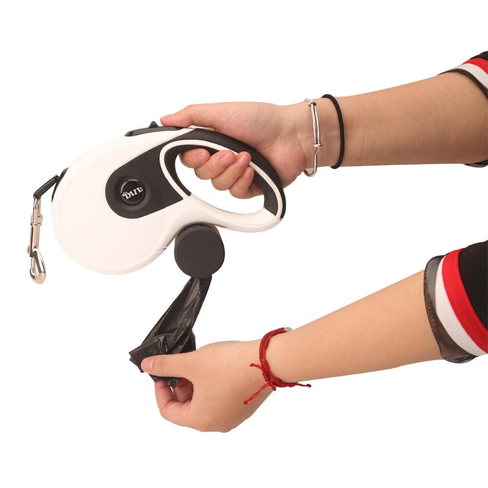 5M Retractable Dog Leash with built-in poop bag dispenser, suitable for all dog sizes, available in four colors.