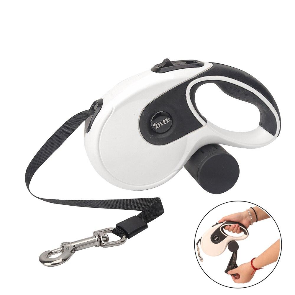 5M Retractable Dog Leash with built-in poop bag dispenser, suitable for all dog sizes, available in four colors.
